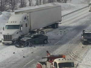 Car and transport truck on 401 after accident on January 25. Photo Mike Uher