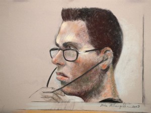 Luka Magnotta is shown in an artist's sketch in a Montreal court on March 13, 2013. THE CANADIAN PRESS/Mike McLaughlin 