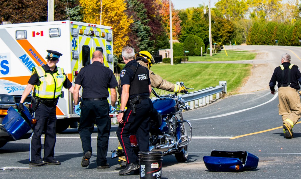 A motorcycle is raised from the ground after a collision on hwy 40 on Firday. Photo: Craig Hendry